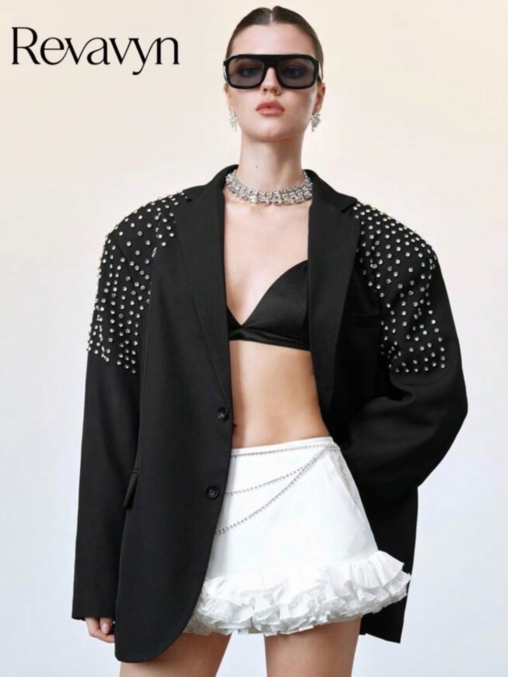 She-In Stud-Embellished Black Oversized Blazer